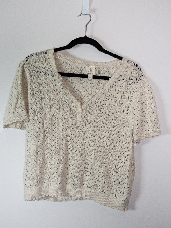 Doen Sweaters - Gap x Doen Linen Blend Pointelle Knit Stretch Ruffle Collar Pullover Sweater XL